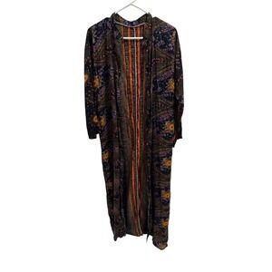 Boho Maxi Kimono Cardigan Black Orange Floral Sunburst Print Long Sleeve Caftan